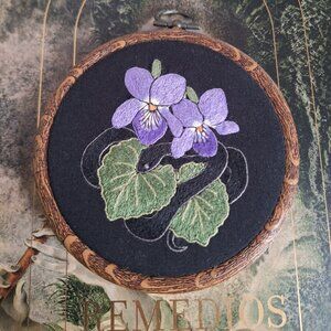 Snake and violets embroidery art by Moonflesh